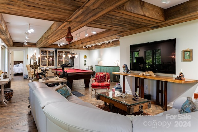 playroom featuring beam ceiling, track lighting, parquet floors, and pool table