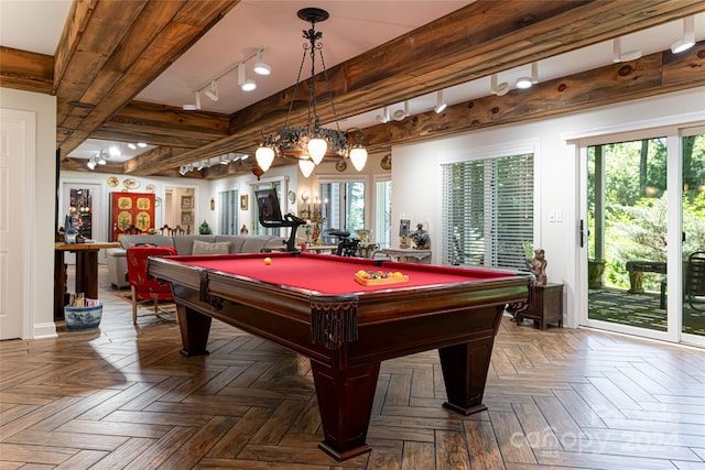 game room with beamed ceiling, dark parquet flooring, and billiards