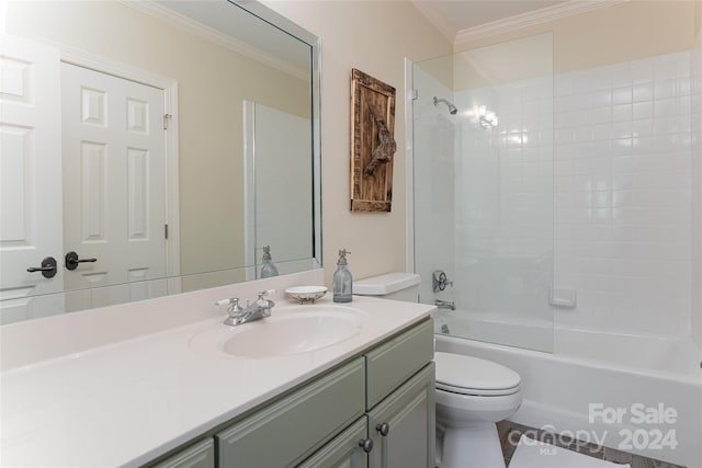 full bathroom featuring vanity, toilet, shower / bath combination, and crown molding