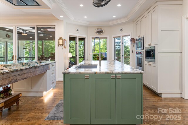 57 Old Hickory Trl, Hendersonville, NC 28739 - kitchen featuring green cabinets, white cabinetry, dark wood-style floors, crown molding, and recessed lighting