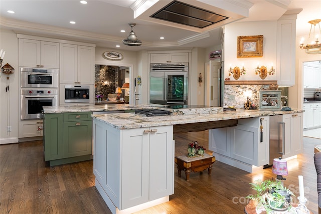 57 Old Hickory Trl, Hendersonville, NC 28739 - kitchen featuring appliances with stainless steel finishes, dark wood-style floors, a peninsula, decorative backsplash, and recessed lighting