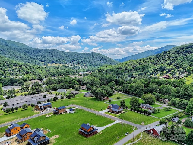 birds eye view of property with a forest view and a mountain view
