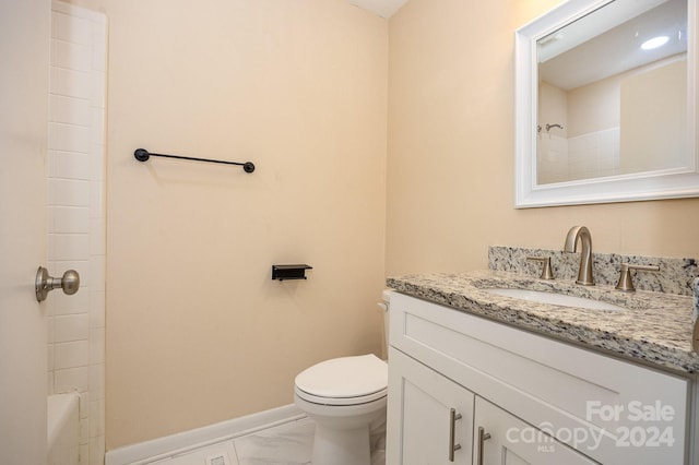 full bathroom with vanity,  shower combination, and toilet