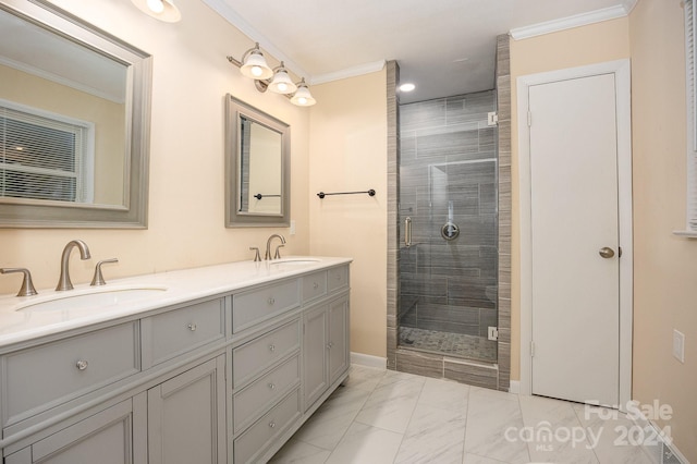 bathroom featuring crown molding, vanity, and walk in shower