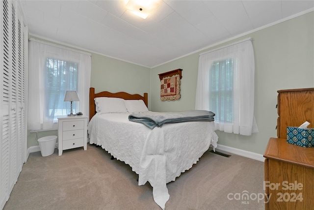 bedroom with ornamental molding and carpet flooring