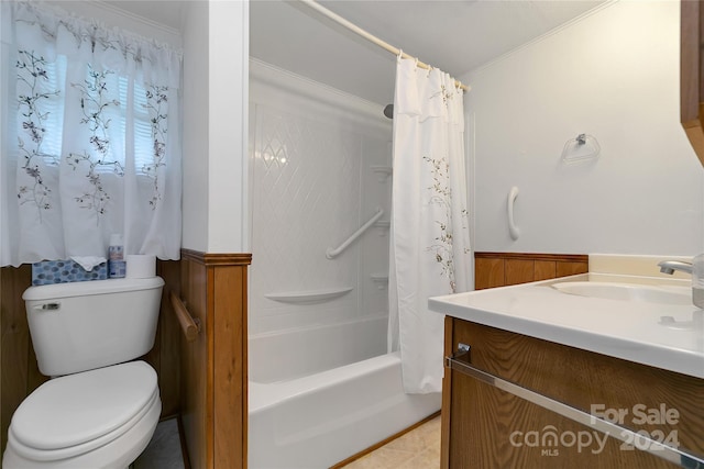 full bathroom with toilet, wood walls, shower / bath combo, tile patterned flooring, and vanity