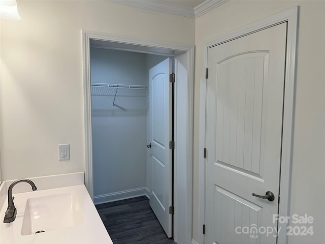 bathroom featuring ornamental molding, a sink, and wood finished floors