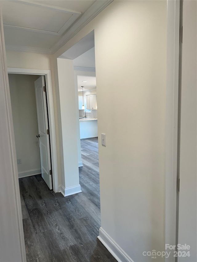 hall featuring ornamental molding, dark wood-style flooring, a sink, and baseboards