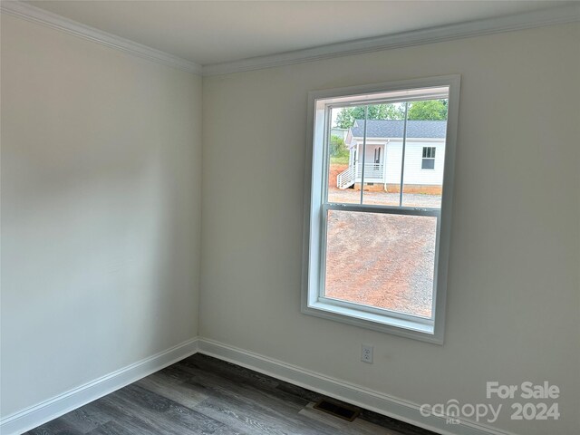 empty room featuring dark hardwood / wood-style floors and crown molding