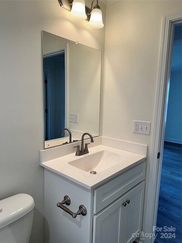 bathroom with wood-type flooring, vanity, and toilet