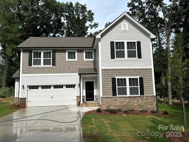 view of front of house featuring brick siding, a shingled roof, concrete driveway, a garage, and a front lawn