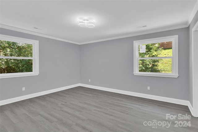 spare room with wood-type flooring and ornamental molding