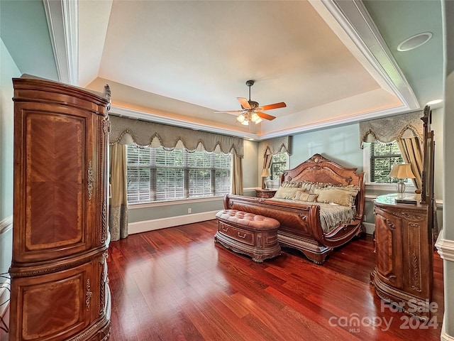 bedroom featuring ceiling fan, multiple windows, dark hardwood / wood-style flooring, and a raised ceiling