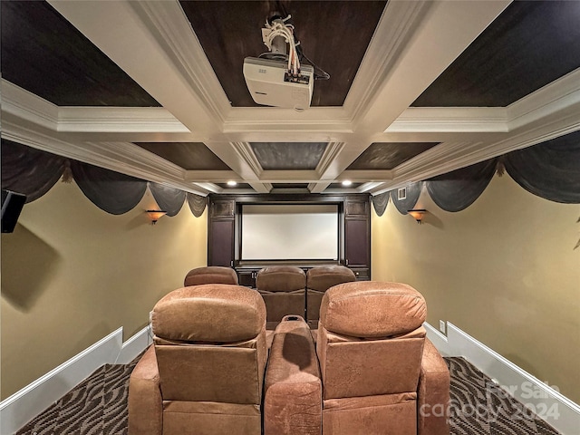 carpeted cinema room featuring crown molding, coffered ceiling, and beam ceiling