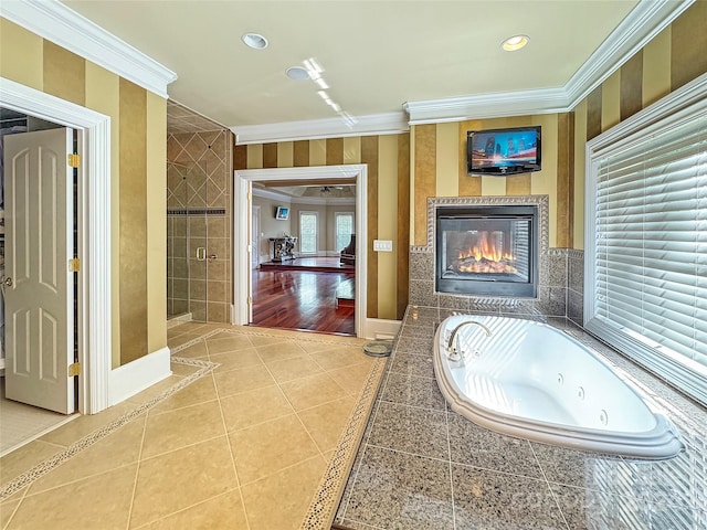 bathroom featuring french doors, tile patterned floors, crown molding, and independent shower and bath