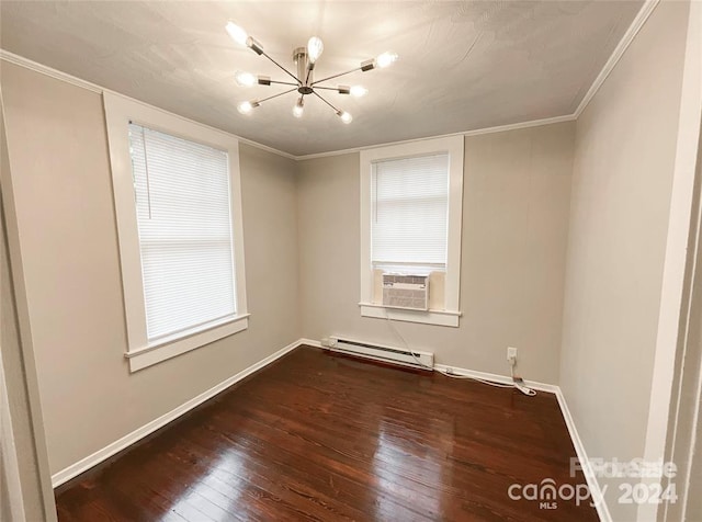 spare room with a notable chandelier, cooling unit, a baseboard radiator, ornamental molding, and dark hardwood / wood-style flooring