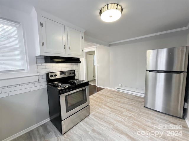 kitchen featuring white cabinets, appliances with stainless steel finishes, a baseboard heating unit, light hardwood / wood-style floors, and ornamental molding