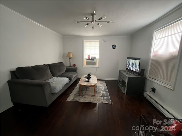 living room with dark wood-type flooring and a baseboard heating unit