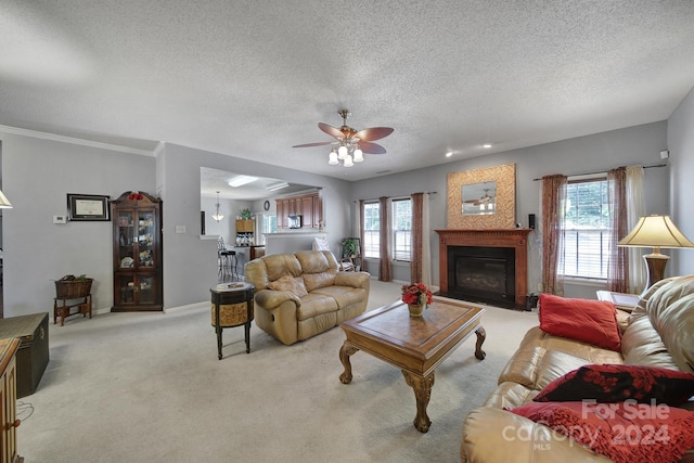 carpeted living room featuring ceiling fan, ornamental molding, and a textured ceiling