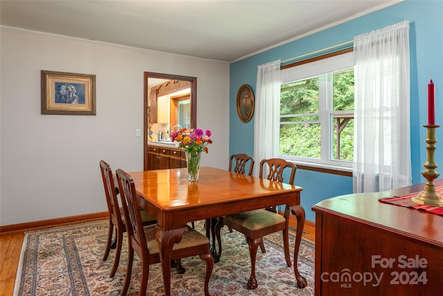 dining room featuring crown molding, light hardwood / wood-style flooring, and a healthy amount of sunlight