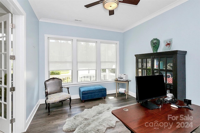 office featuring ceiling fan, crown molding, and dark hardwood / wood-style floors