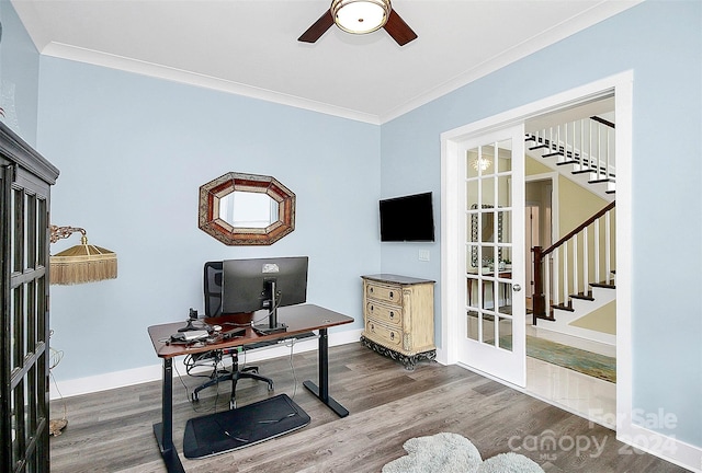 office space with french doors, ornamental molding, ceiling fan, and wood-type flooring