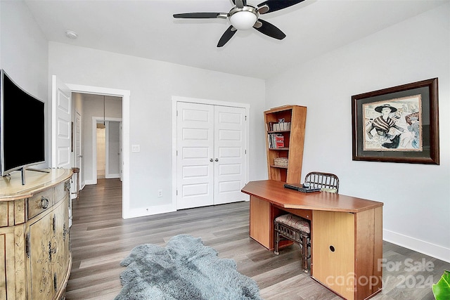 office area featuring hardwood / wood-style flooring and ceiling fan