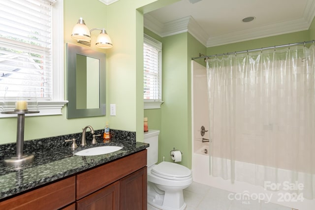 full bathroom featuring vanity, tile patterned floors, shower / bath combination with curtain, toilet, and ornamental molding