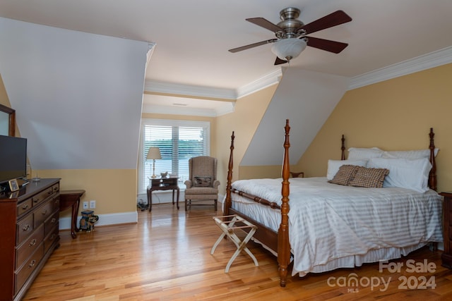 bedroom with ceiling fan, light hardwood / wood-style flooring, and ornamental molding