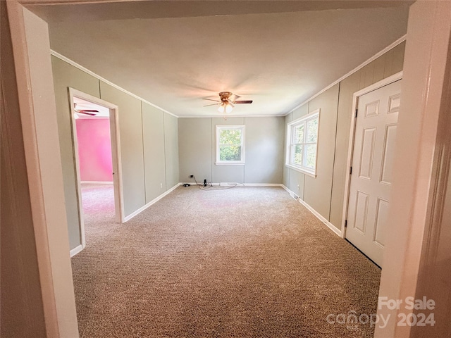 empty room with crown molding, carpet flooring, and ceiling fan