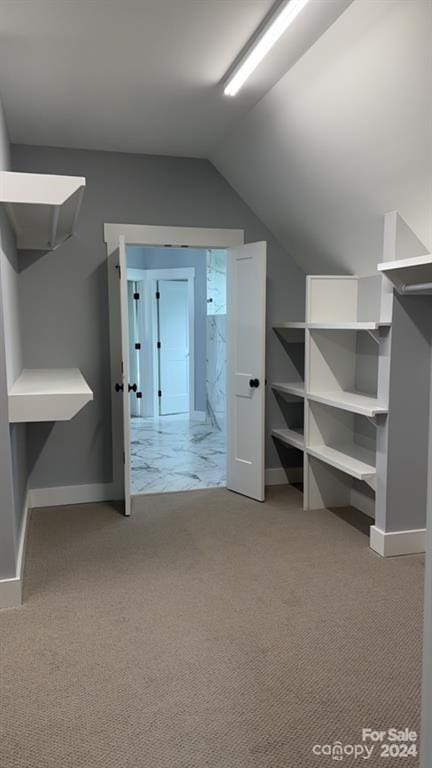 walk in closet featuring carpet flooring and vaulted ceiling