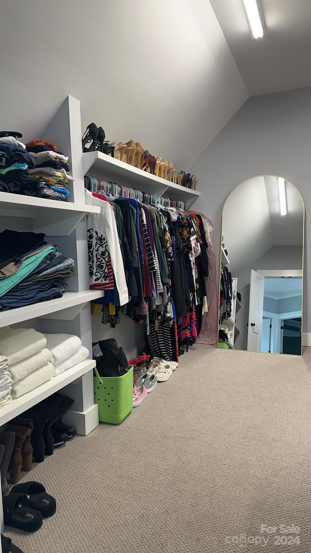 spacious closet with lofted ceiling and carpet flooring