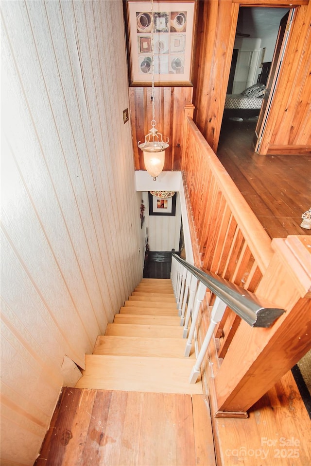 stairway with hardwood / wood-style flooring and wood walls