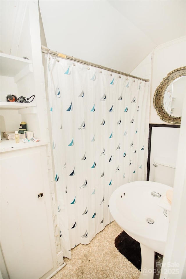 bathroom with lofted ceiling and sink