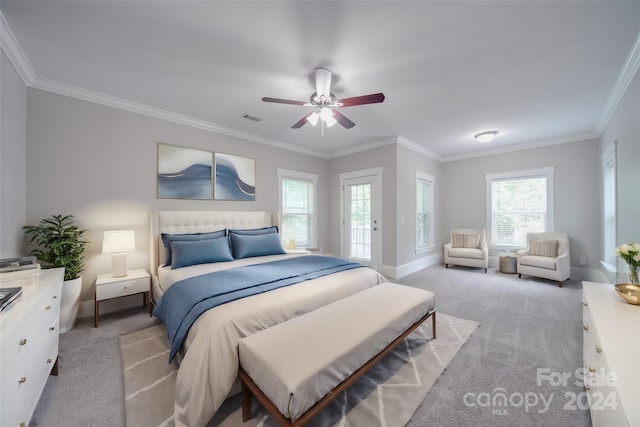 carpeted bedroom with ornamental molding, access to outside, and ceiling fan