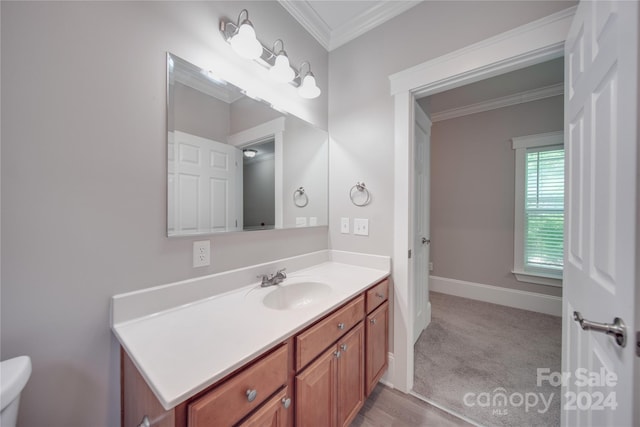 bathroom featuring vanity, crown molding, and toilet