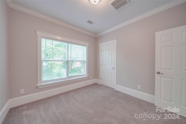 spare room with light carpet and crown molding