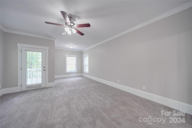 carpeted spare room featuring crown molding and ceiling fan