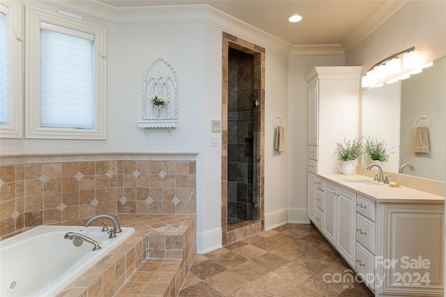 bathroom featuring crown molding, vanity, and plus walk in shower