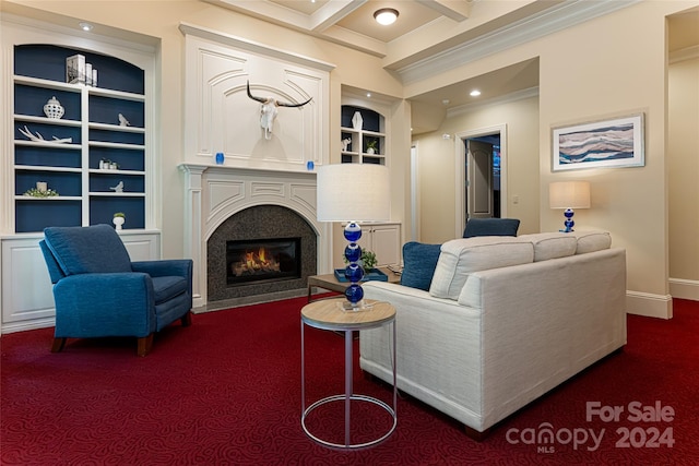 living room with coffered ceiling, crown molding, dark colored carpet, beam ceiling, and built in features