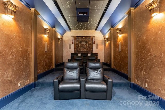 home theater featuring dark carpet