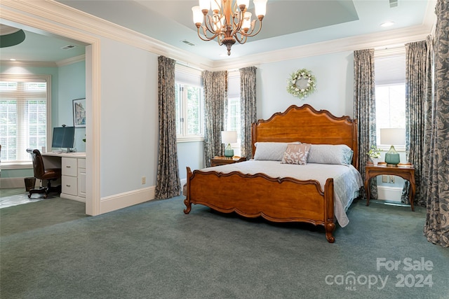 carpeted bedroom featuring a notable chandelier, crown molding, connected bathroom, and multiple windows