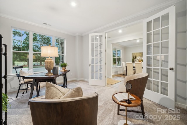 carpeted office space with ornamental molding and french doors