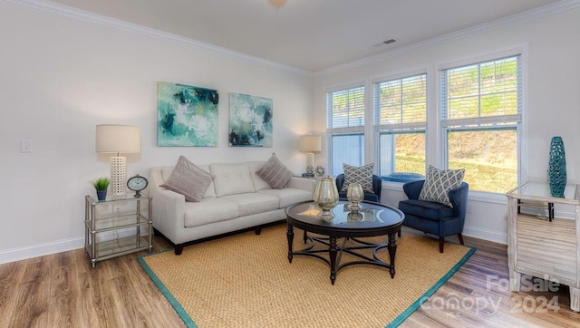 living room with hardwood / wood-style floors, a healthy amount of sunlight, and crown molding