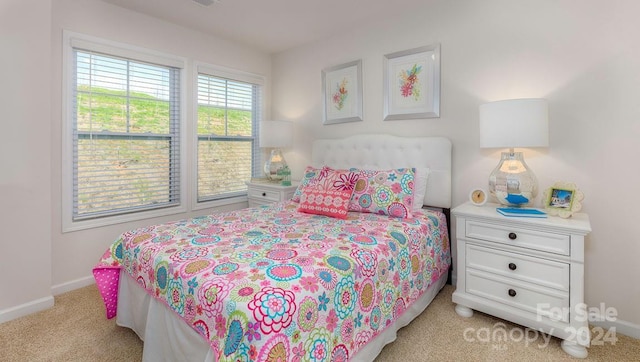 bedroom with light colored carpet