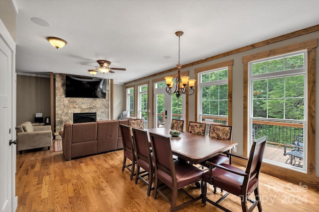 dining space featuring ceiling fan with notable chandelier, light hardwood / wood-style flooring, crown molding, and a stone fireplace