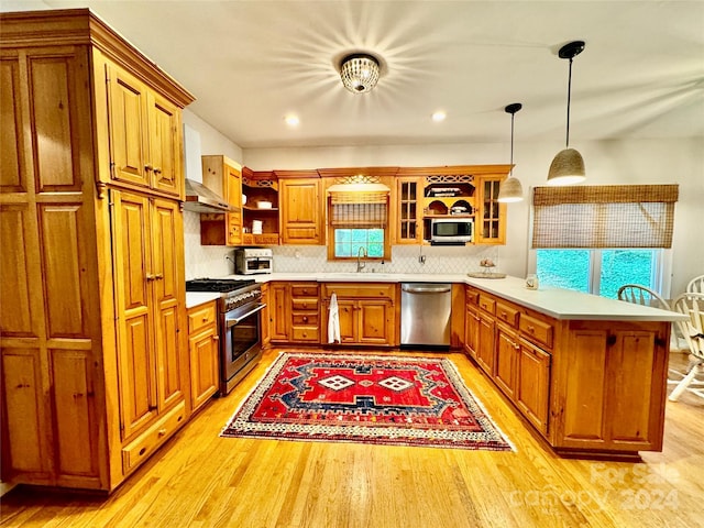 kitchen with light wood-type flooring, appliances with stainless steel finishes, decorative backsplash, and hanging light fixtures