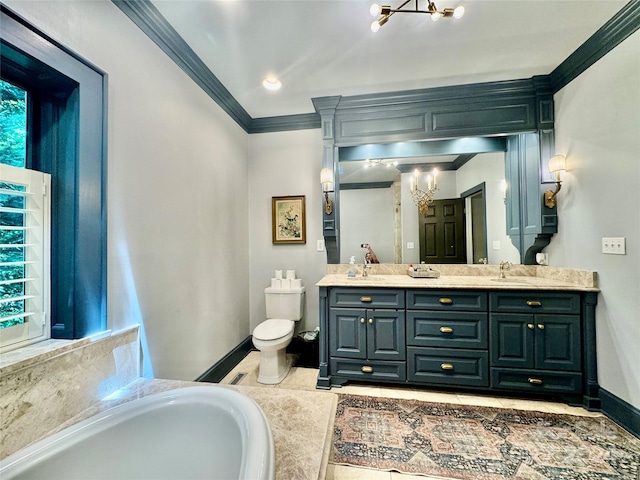 bathroom with toilet, vanity, a tub, and ornamental molding