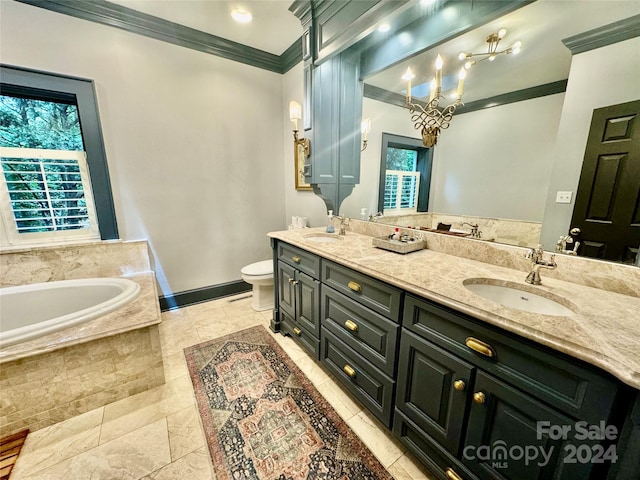 bathroom with vanity, toilet, crown molding, and a relaxing tiled tub