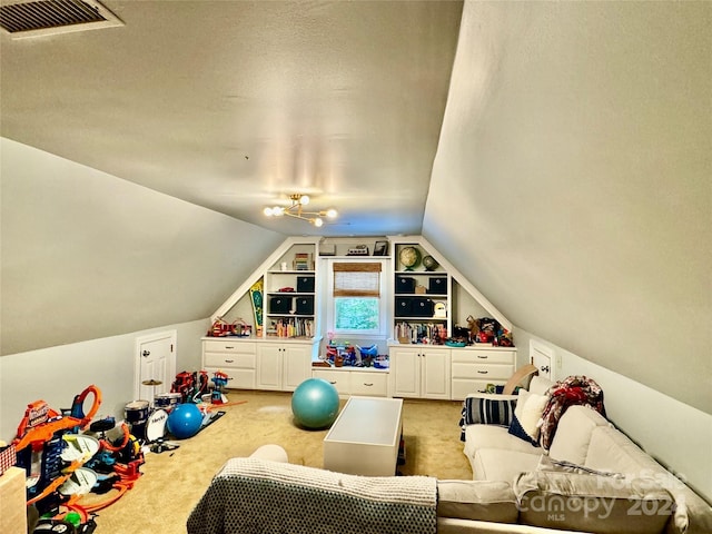 game room with lofted ceiling, light carpet, built in features, and a textured ceiling